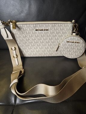 Michael Kors Beige Signature Logo Crossbody with Coin Pouch